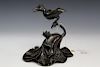 Chinese antique bronze bird on lotus leaf incense burner. Qing Dynasty.
