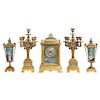 French Bronze and Champleve Cloisonne Enamel Five-Piece Clock Garniture Set
