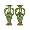 Magnificent Pair of Bohemian Green Gilt and Clear Cut-Glass Vases Alhambra Form