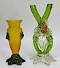 2 Bohemian Czech Applied Flower Art Glass Vases