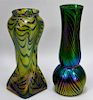 2 Iridescent Oil Spill Bohemian Art Glass Vases