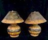 PR. CERAMIC & LEATHER LAMPS WITH REPOUSSE COPPER SHADES 18"H 21.5" DIA.