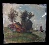 19TH C. OIL ON CANVAS LANDSCAPE HOUSE & BOATS 