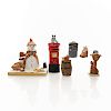 6 MINIATURE CLAY DOG, CAT, SNOWMAN AND SCENE SCULPTURES