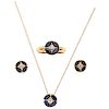 NECKLACE, PENDANT, RING AND EARRINGS SET WITH SAPPHIRES AND DIAMONDS. 14K YELLOW GOLD