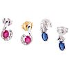 TWO PAIRS OF EARRINGS WITH SAPPHIRES, RUBIES AND DIAMONDS. 14K WHITE GOLD
