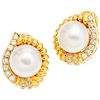 CULTURED PEARLS AND DIAMONDS EARRINGS. 18K YELLOW GOLD