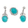 RING AND EARRINGS SET WITH TURQUOISE AND DIAMONDS. PALADIUM SILVER