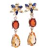 CITRINES, GARNETS, SAPPHIRES AND SIMULANTS EARRINGS. 14K YELLOW GOLD