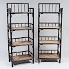Pair of Black Painted Faux Bamboo and Wicker Four Tier Ã‰tagÃ¨res