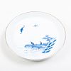 Small Chinese Porcelain Blue and White Dish Decorated with a Scholar and Bat