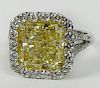 EGL Certified 5.01 Carat Square Brilliant Cut Fancy Yellow-Fancy Intense Yellow Diamond and Diamond Ring