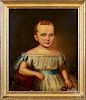 Oil on canvas portrait of a child with rattle