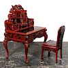 Red Lacquered Kamakura-Bori Desk & Chair, Japanese