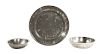 LOT OF 3: EXTREMELY LARGE ENGLISH PEWTER CHARGER WITH 2 PEWTER CHARGERS BY THOMAS DANFORTH OF PHILADELPHIA.