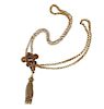 Antique Victorian 14K Gold Enamel Pearl Tassel Chain Necklace