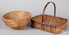 Large bentwood box, two baskets and a redware bow