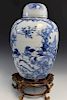 Chinese Antique Blue and White Porcelain Jar on Wood Stand. 19th C.