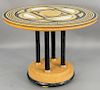 Biedermeier Style Marble Top Circular Center Table, pietra dura veneered top, four pedestal supports on marble and faux marble base. height 33 3/4 inc
