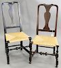 Two Queen Anne side chairs, each having crest over plate back with rush seat and turned legs and front stretcher. height 40 inches, seat height 17 inc