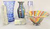 Six piece group to include, two blue cut to clear vases one with gilt decoration, two art glass pieces, and two ceramic glazed vases signed on bottom,