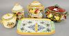 Group of five Italian Majolica covered pieces, large biscotti, farro jar, caffe jar, large tureen, and a tray with handles, diameter 17 1/2 in.