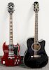 Two Guitars, Epiphone SG electric guitar in red finish, serial number EE061206717, along with a Jasmine Takamine ES31C acoustic guitar, serial number 
