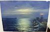 Moonlight Seascape, with lighthouse, oil on canvas, lower right signed illegibly, 31" x 44".