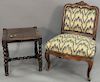 Two piece lot to include Louis XV slipper chair, (end of foot off), 18th century, along with Oak Jacobean Style footstool, height 32 1/2 in., seat hei