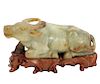 Chinese Jade Figure of Reclining Ox on Wood Base