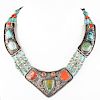 Native American Silver, Turquoise and Coral Necklace