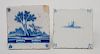 TWO DUTCH DELFT BLUE AND WHITE TILES AND A FRENCH TILE DEPICTING A BAKING SCENE