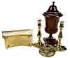 Four Brass Items with Carved Treen Lidded Urn