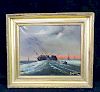 OIL ON CANVAS SHIP IN STORMY SEAS SGN. INDISTINCTLY