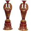  Monumental Pair of Ruby Red Gilt Bohemian Alhambra Cut Glass Vases on Stands