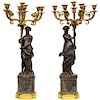 Large Pair of French Gilt and Patinated Bronze Candelabra on Swedish Porphyry