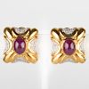 14 Gold, Cabochon Ruby and Diamond Earrings
