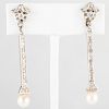14k White Gold, Diamond and Pearl Drop Earrings