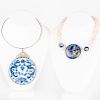 Rose Quartz Bead and Cloisonné Pendant Necklace and a Blue and White Ceramic Pendant Choker Necklace