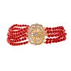 A Five Strand Coral Bracelet with Diamonds in 18k