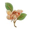 14k Gold Carved Coral Nephrite Jade Brooch Pin 
