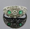 Antique Art Deco Platinum Diamond Emerald Ring