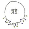 18K Gold Amethyst Peridot Diamond Necklace Earrings Set