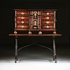 AN IBERIAN EBONIZED INLAID OAK AND FRUITWOOD PAPELEIRA VARGUEÑO ON STAND, 17TH CENTURY,