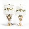 2 PORCELAIN LARGE APPLIED FLORAL LAMPS WITH SHADES
