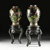 A PAIR OF ANTIQUE JAPANESE BLACK GROUND CLOISONNÉ VASES WITH STANDS, TAISHO PERIOD (1912-1926),