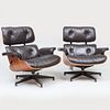 Pair of Charles and Ray Eames Leather and Rosewood Chairs and Ottomans, for Herman Miller