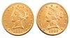 2 US 1882 Gold Eagle $10 Coins