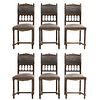 Lot of 6 chairs. France. 20th Century. Henri II. Carved in walnut. Upholstery in maroon-colored leather.