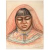 RAÚL ANGUIANO,Mujer Huichola ("Huichol Woman"),Signed & dated San Andrés Cohamiata 71,Sanguine,charcoal & pastel on paper,25.5x19.2"(65x49cm)